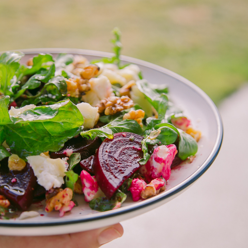 Beetroot, goats cheese, and walnut salad with Tohu Riesling