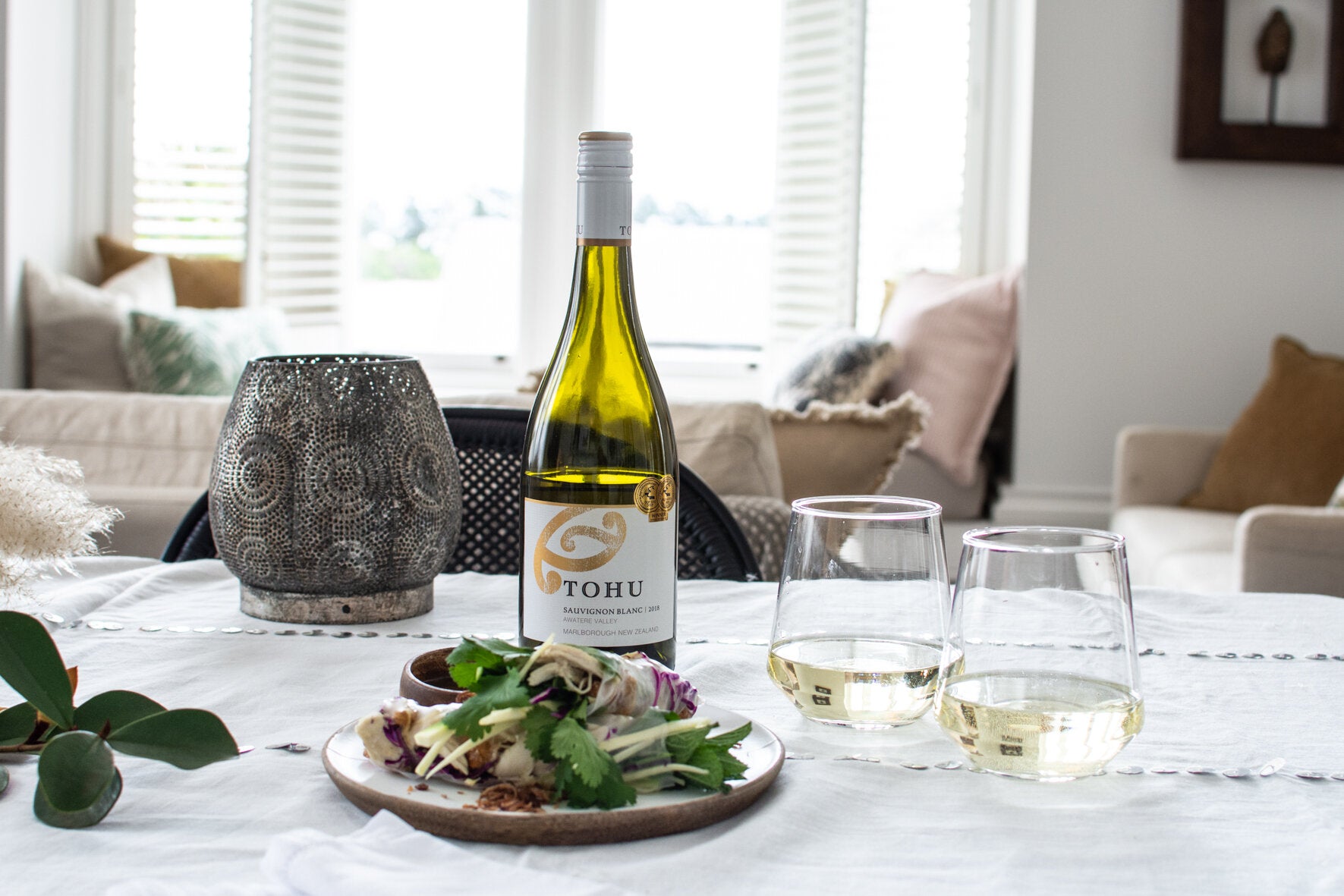 Fresh Herby Spring Rolls with Caramelised Nuts &amp; Poached Chicken  - paired with a Sauvignon Blanc