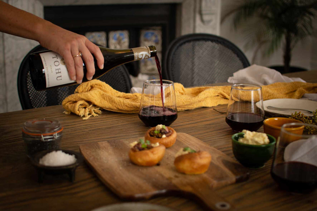 Yorkshires with Rare Beef &amp; Horseradish Cream paired with a Syrah